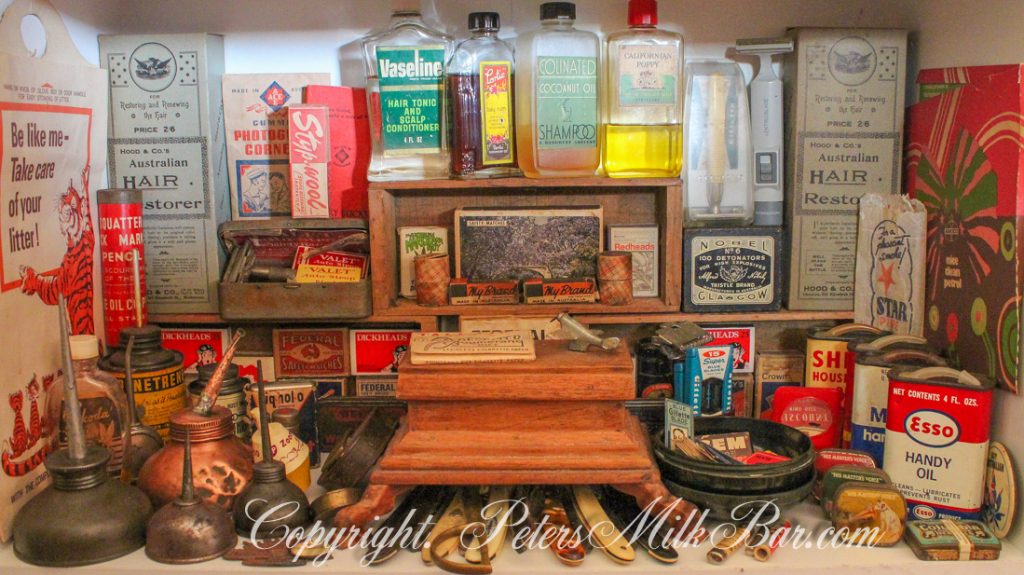 Vintage Men's items and Products. including Vaseline, California Poppy, Hair Restorer, My Brand Prophylactics, Gem, Gillette, Penetrene, Mobil, Shell Esso, Stypwool, Pig-holo, Dickheads and more.