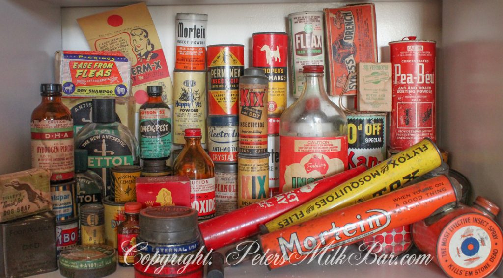 Shelves of Australian Vintage Grocery Poisons Collectibles